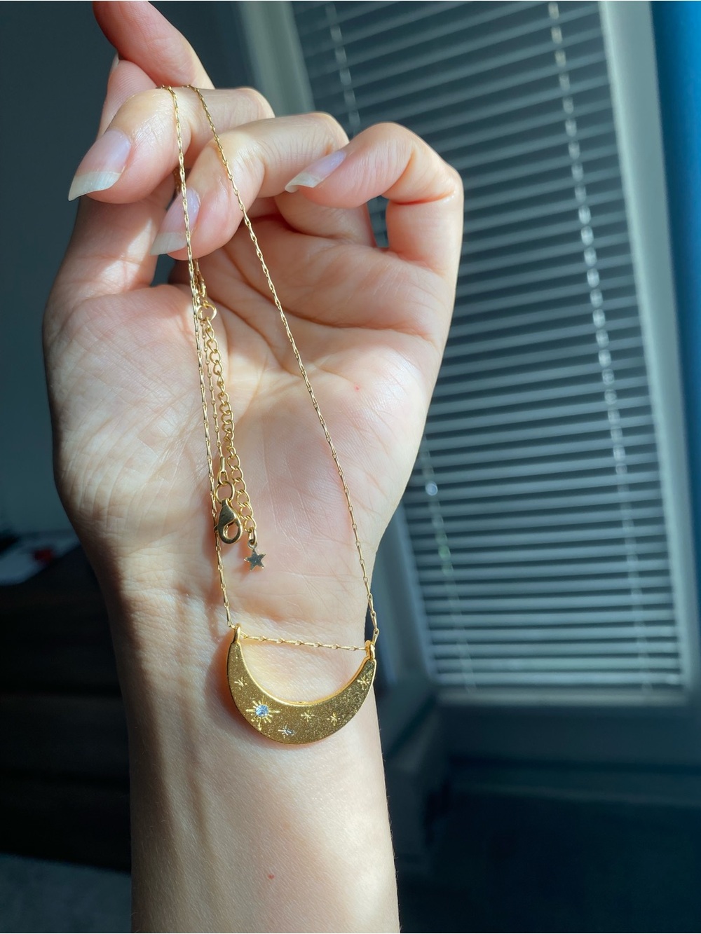 Gold Crescent Moon Pendant Necklace with Star Accents